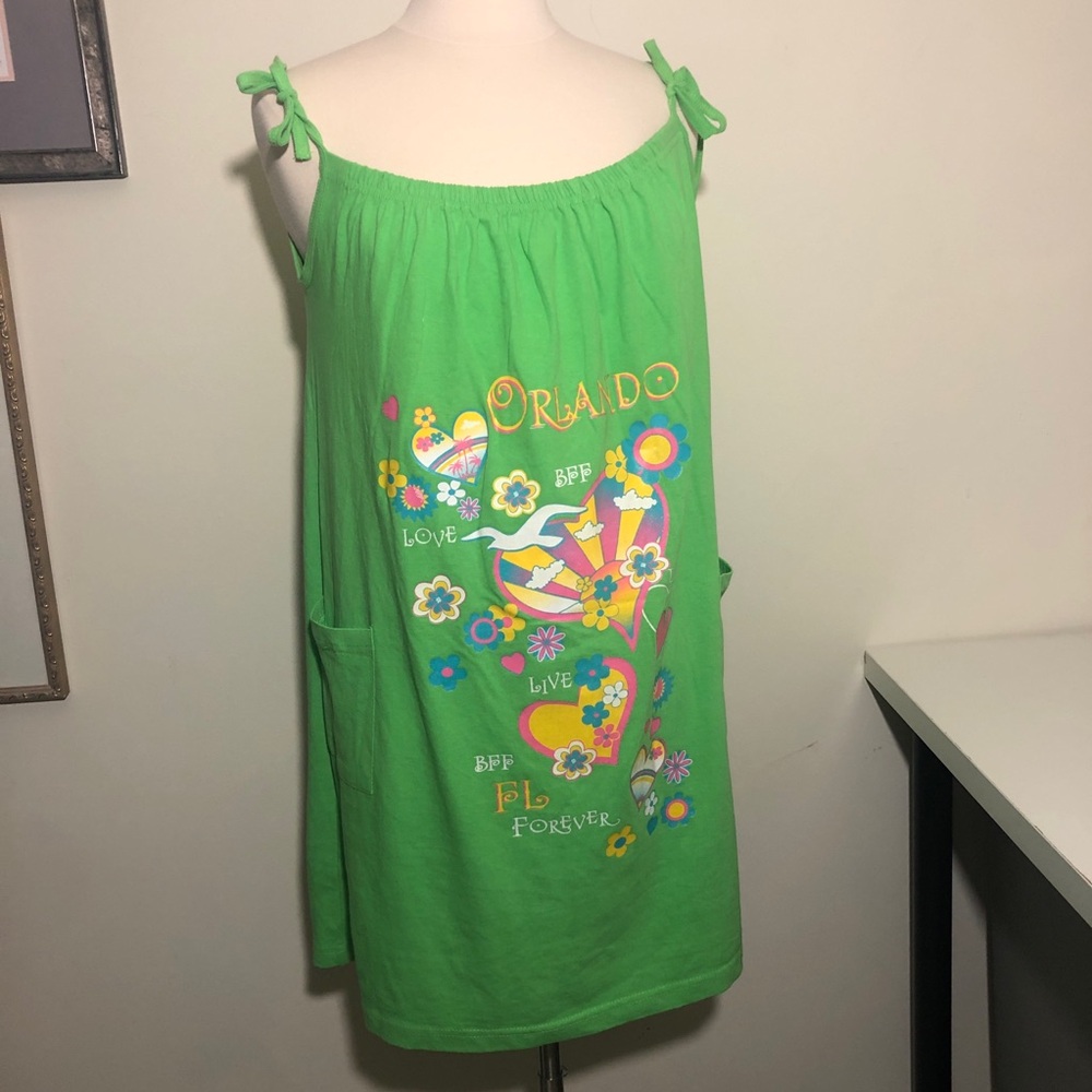 VTG Orlando Florida Beach Cover Up Sundress Green Hippie Boho One Size Glitter
